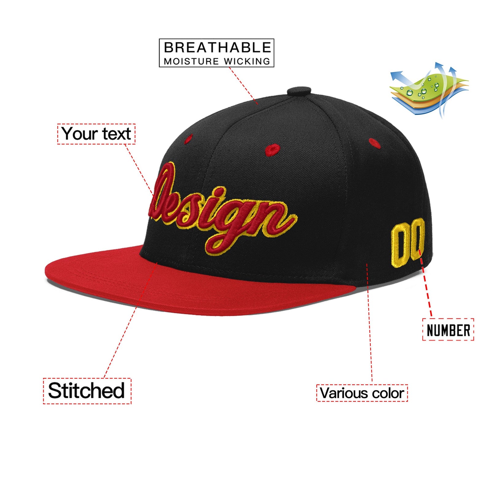 Custom Black Red 3D Puff Embroidery Flat Embroidery Casual Sport Baseball Cap