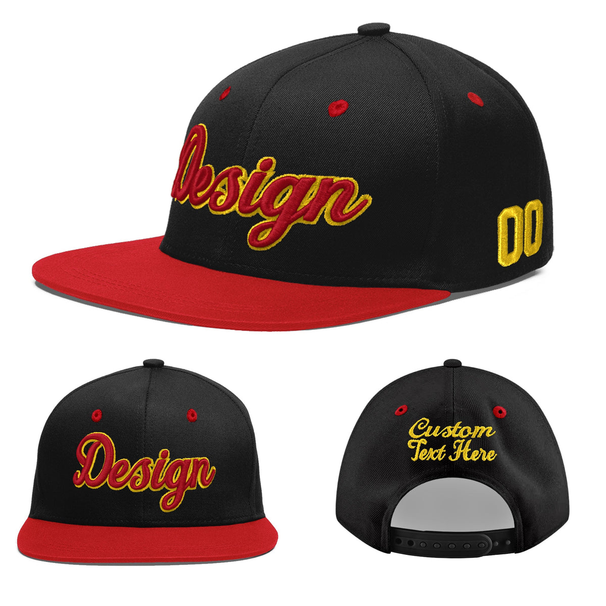 Custom Black Red 3D Puff Embroidery Flat Embroidery Casual Sport Baseball Cap