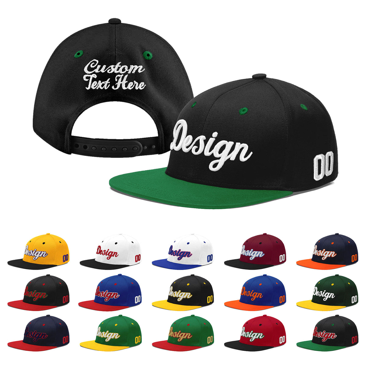 Custom Black Kelly Green 3D Puff Embroidery Flat Embroidery Casual Sport Baseball Cap