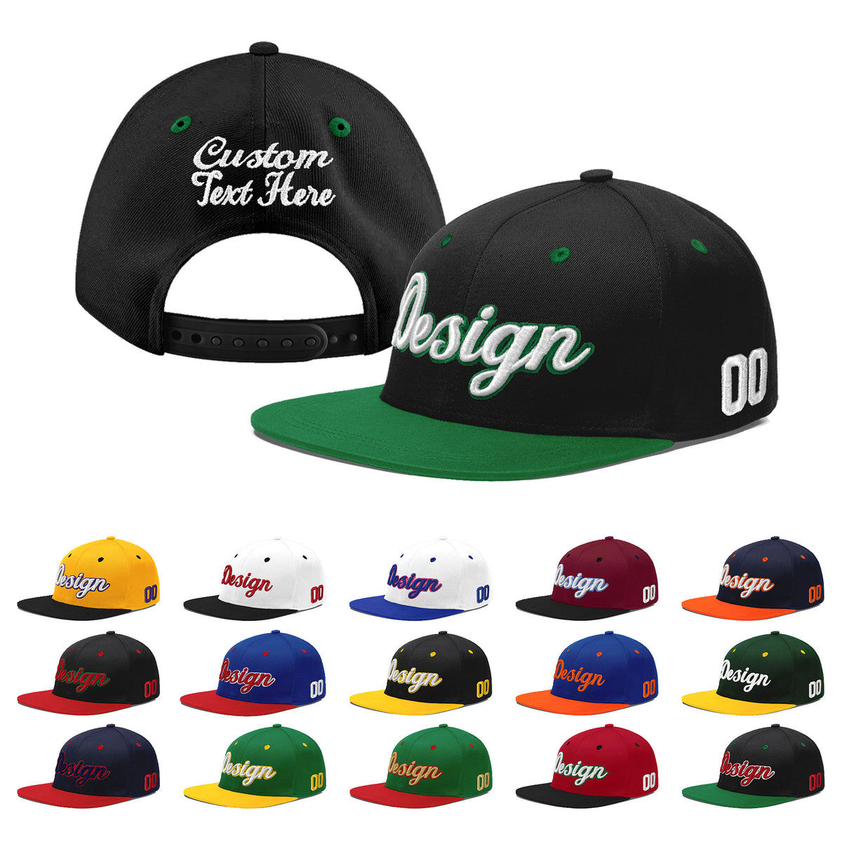 Custom Black Kelly Green 3D Puff Embroidery Flat Embroidery Casual Sport Baseball Cap