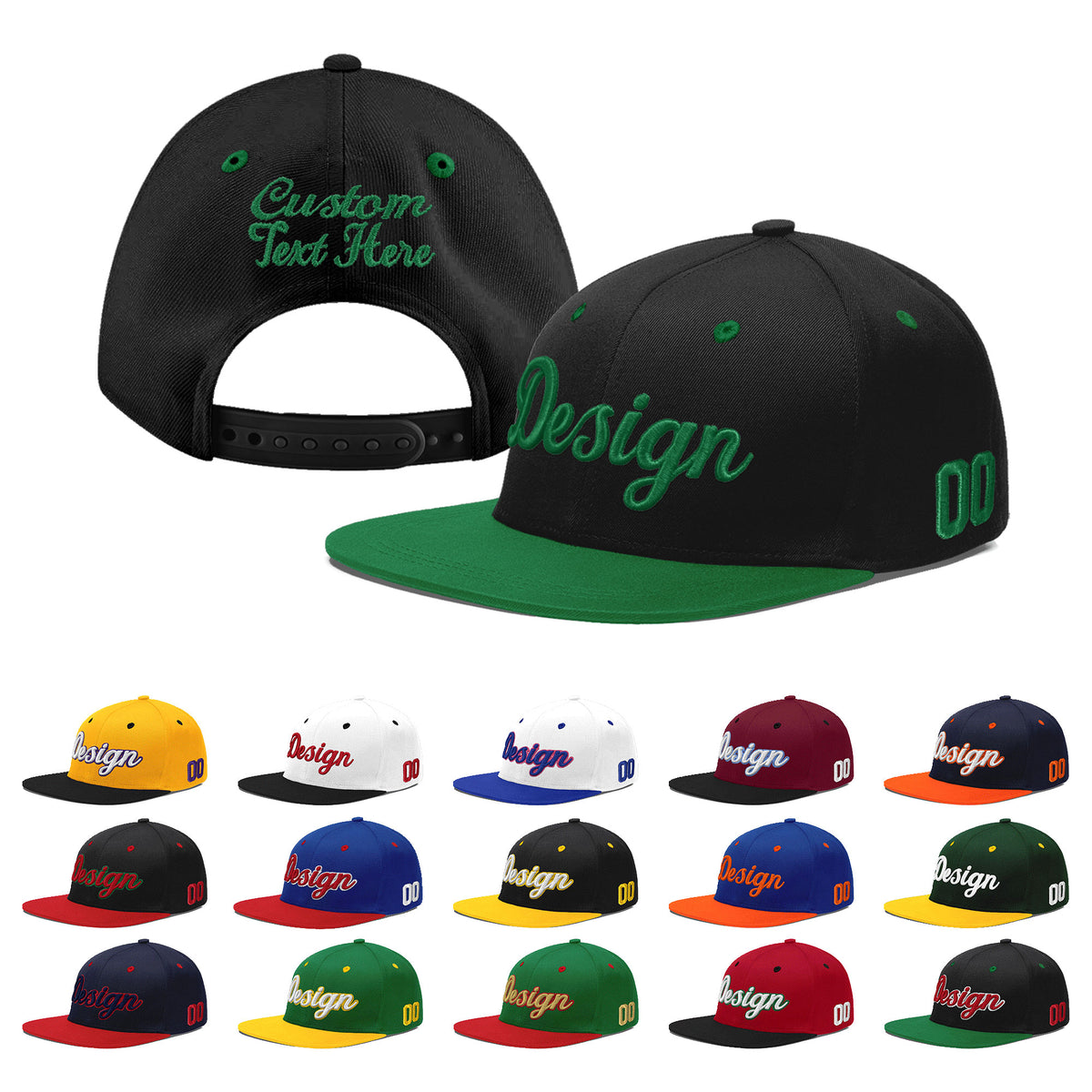 Custom Black Kelly Green 3D Puff Embroidery Flat Embroidery Casual Sport Baseball Cap