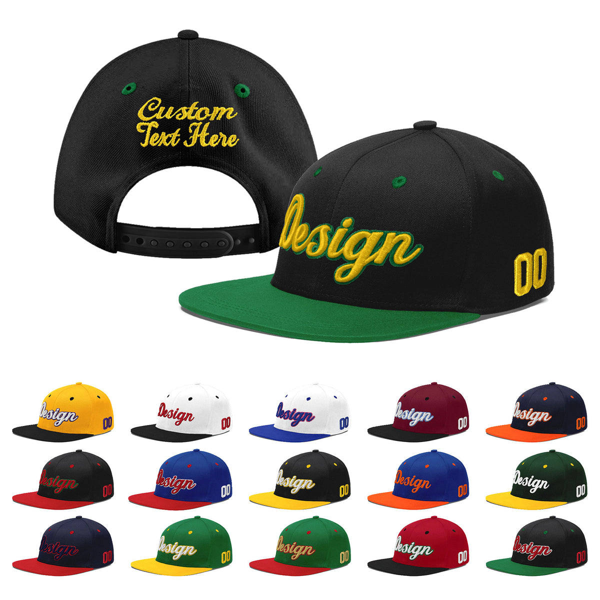 Custom Black Kelly Green 3D Puff Embroidery Flat Embroidery Casual Sport Baseball Cap