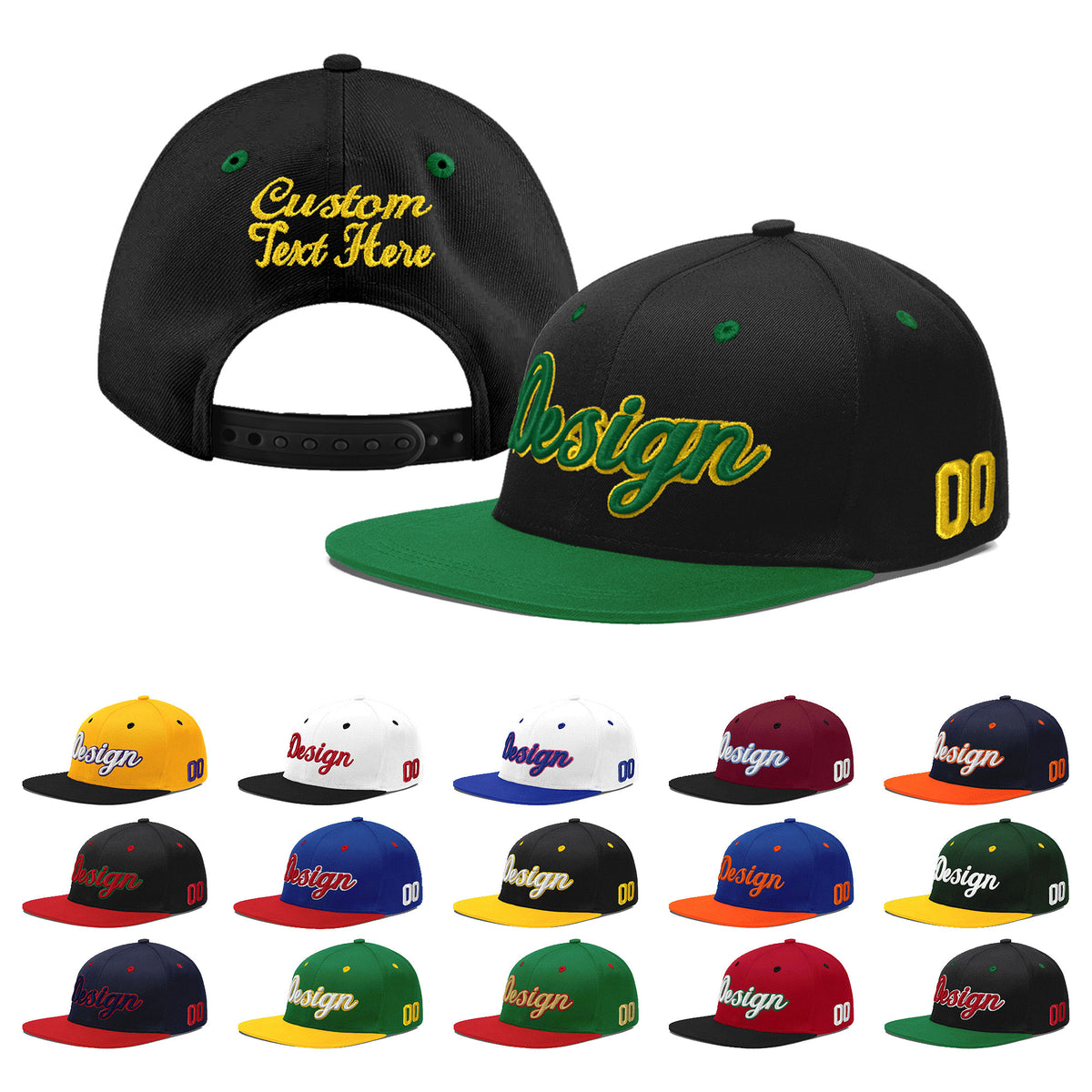 Custom Black Kelly Green 3D Puff Embroidery Flat Embroidery Casual Sport Baseball Cap
