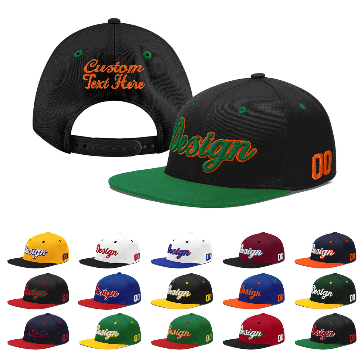 Custom Black Kelly Green 3D Puff Embroidery Flat Embroidery Casual Sport Baseball Cap