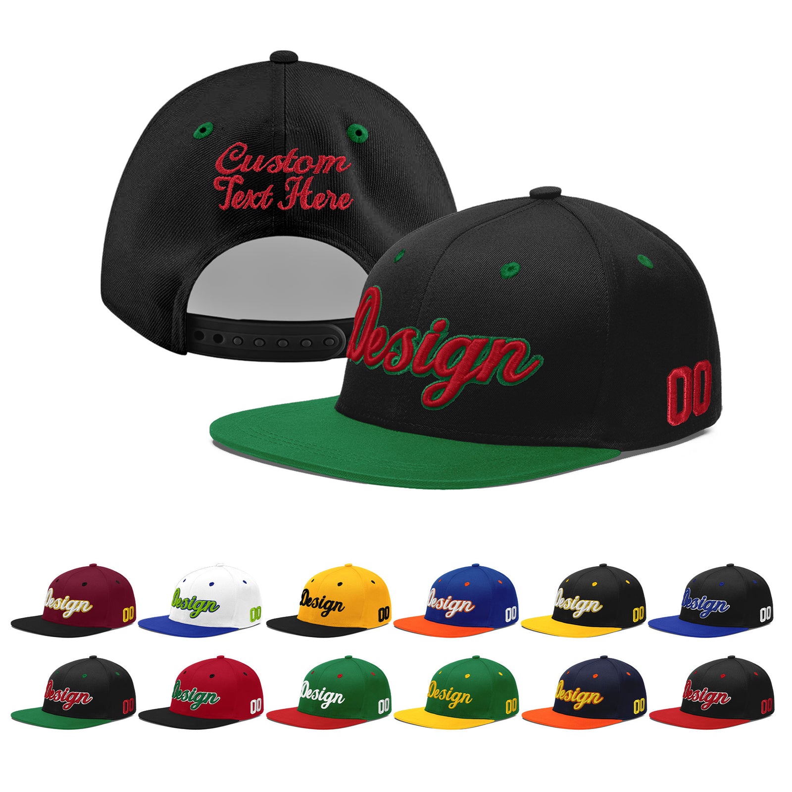 Custom Black Kelly Green 3D Puff Embroidery Flat Embroidery Casual Sport Baseball Cap
