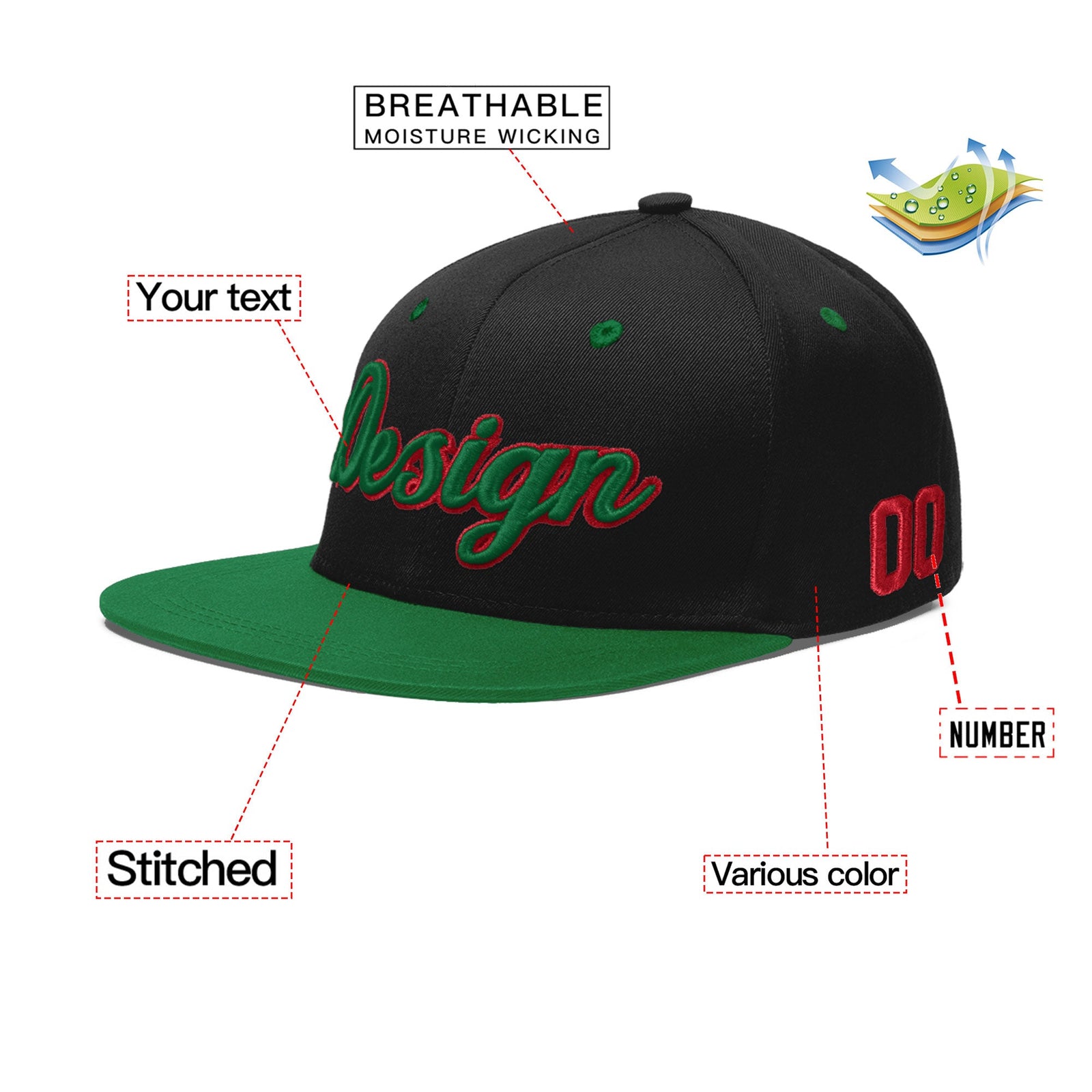 Custom Black Kelly Green 3D Puff Embroidery Flat Embroidery Casual Sport Baseball Cap