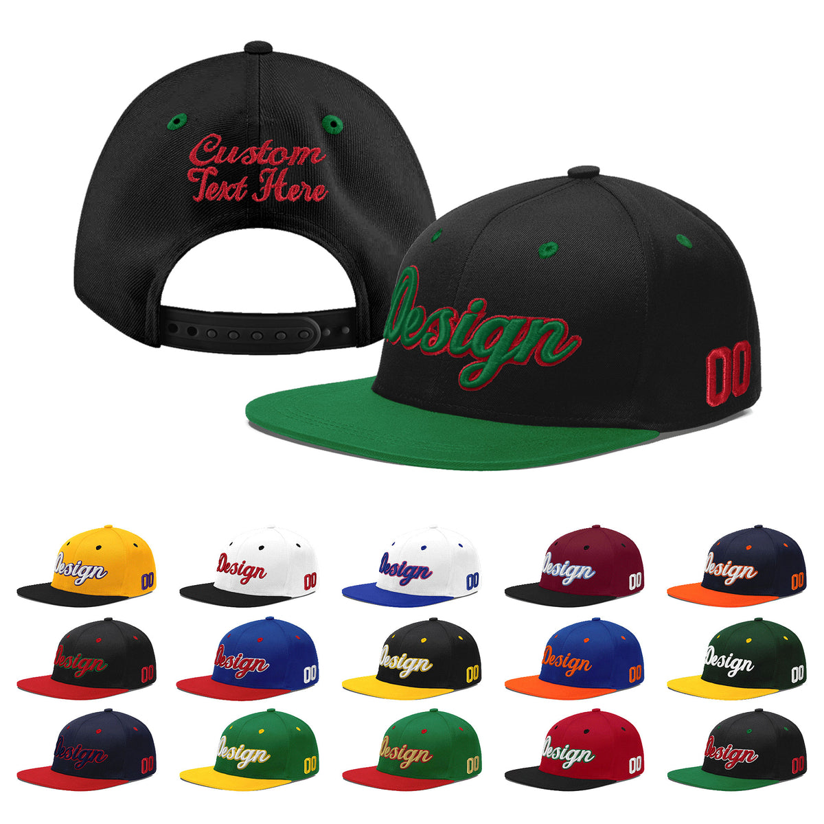 Custom Black Kelly Green 3D Puff Embroidery Flat Embroidery Casual Sport Baseball Cap