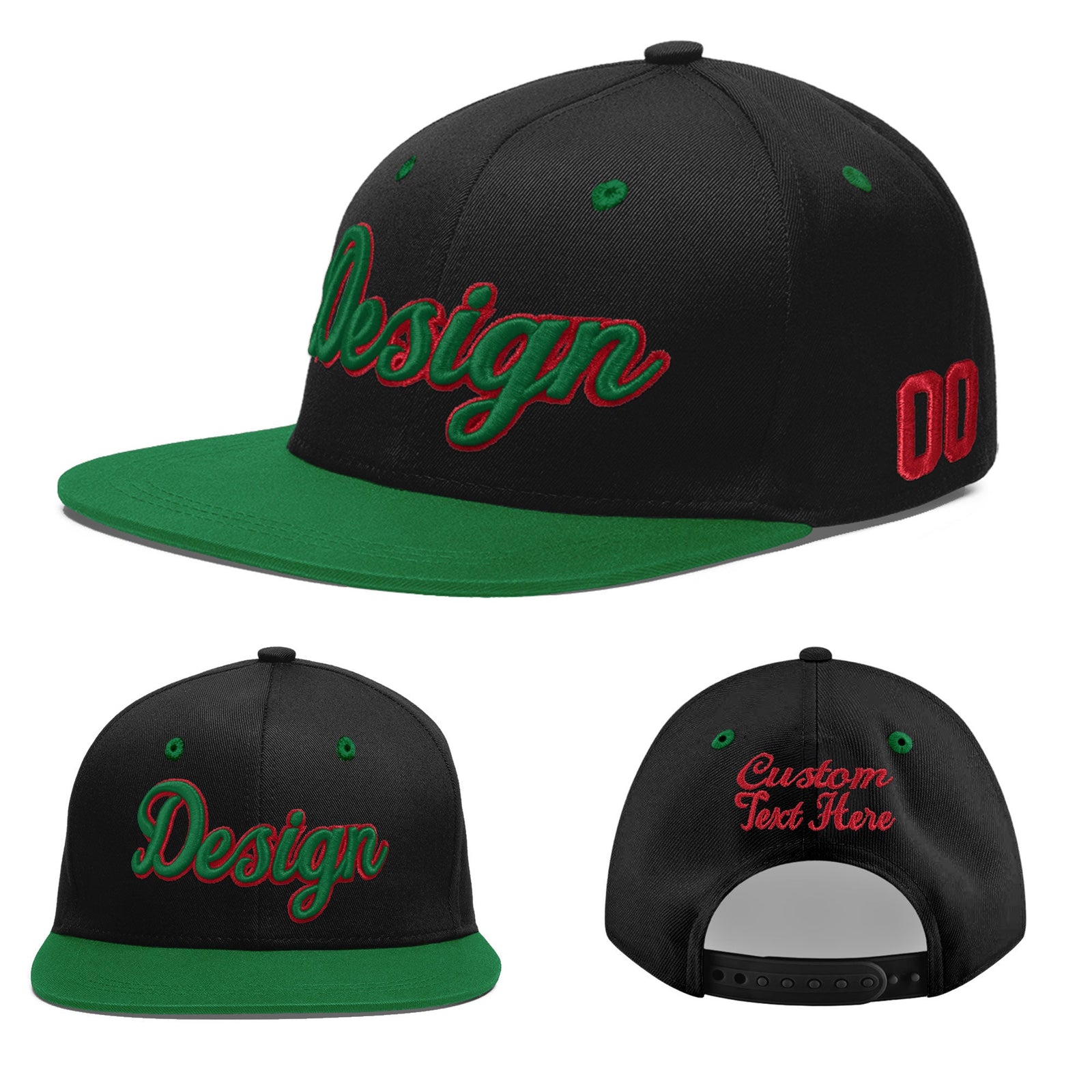 Custom Black Kelly Green 3D Puff Embroidery Flat Embroidery Casual Sport Baseball Cap