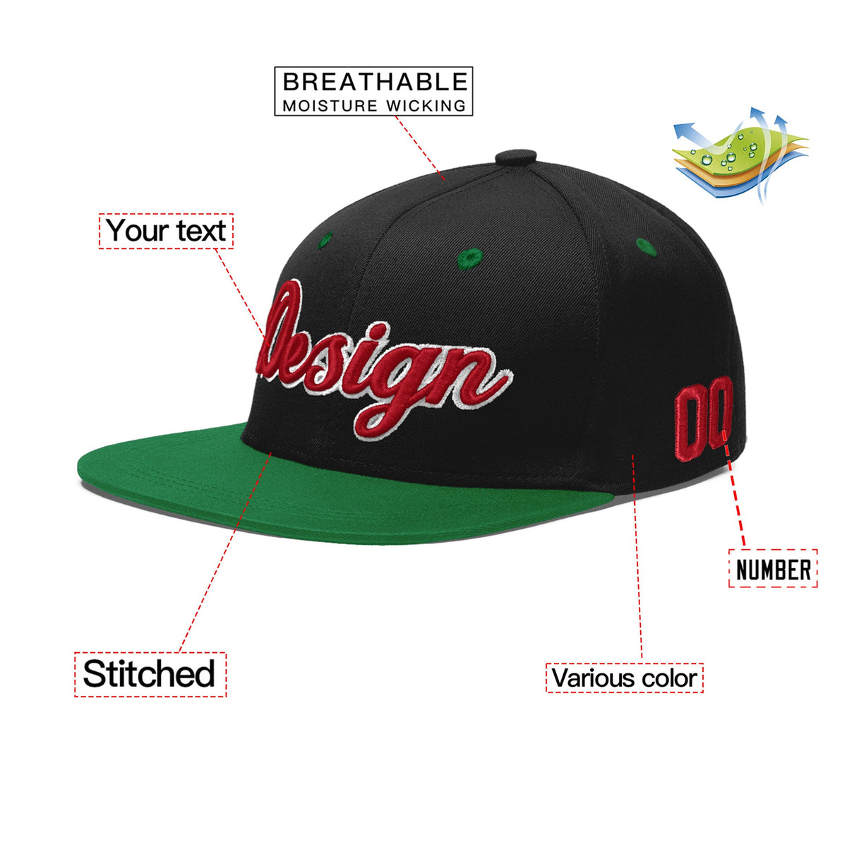 Custom Black Kelly Green 3D Puff Embroidery Flat Embroidery Casual Sport Baseball Cap