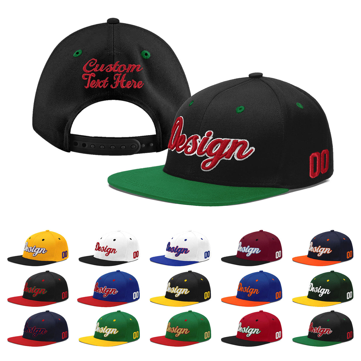 Custom Black Kelly Green 3D Puff Embroidery Flat Embroidery Casual Sport Baseball Cap