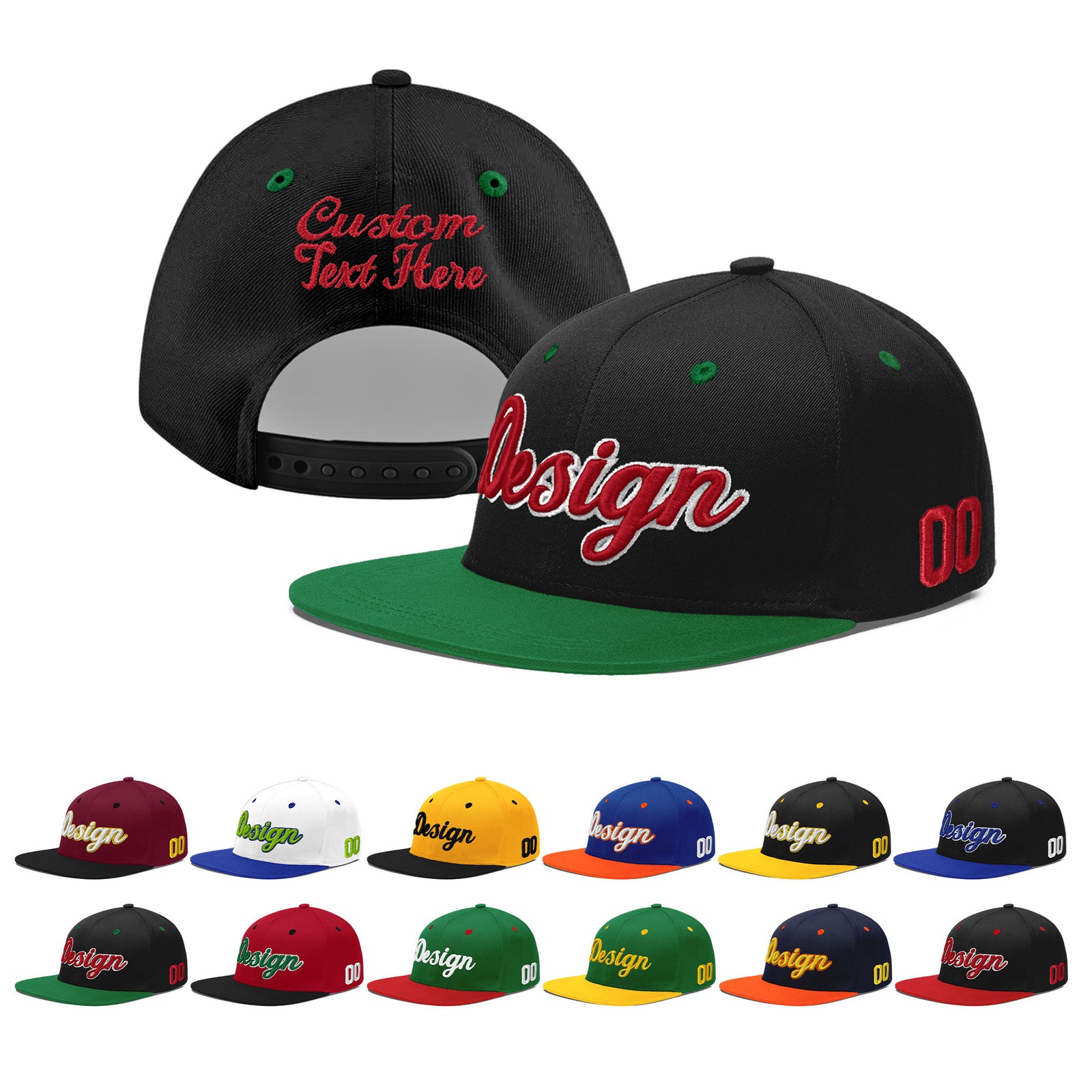 Custom Black Kelly Green 3D Puff Embroidery Flat Embroidery Casual Sport Baseball Cap