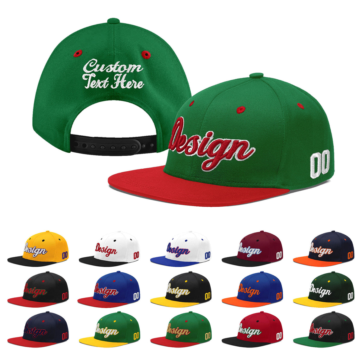 Custom Kelly Green Red 3D Puff Embroidery Flat Embroidery Casual Sport Baseball Cap
