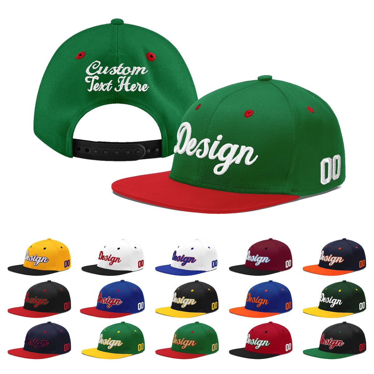 Custom Kelly Green Red 3D Puff Embroidery Flat Embroidery Casual Sport Baseball Cap
