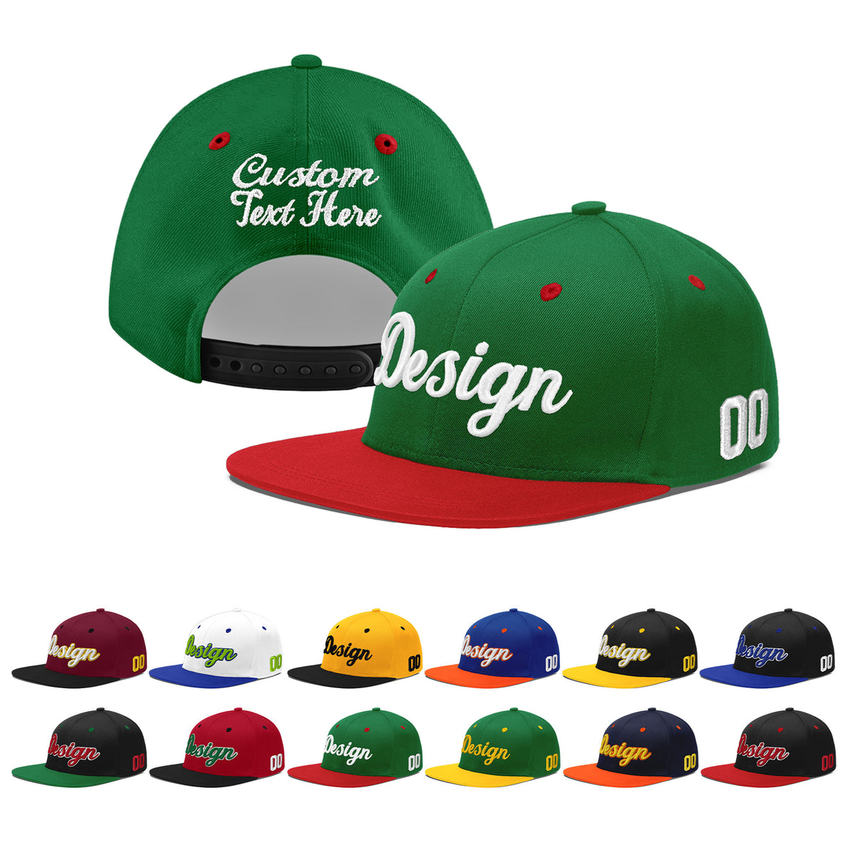 Custom Kelly Green Red 3D Puff Embroidery Flat Embroidery Casual Sport Baseball Cap