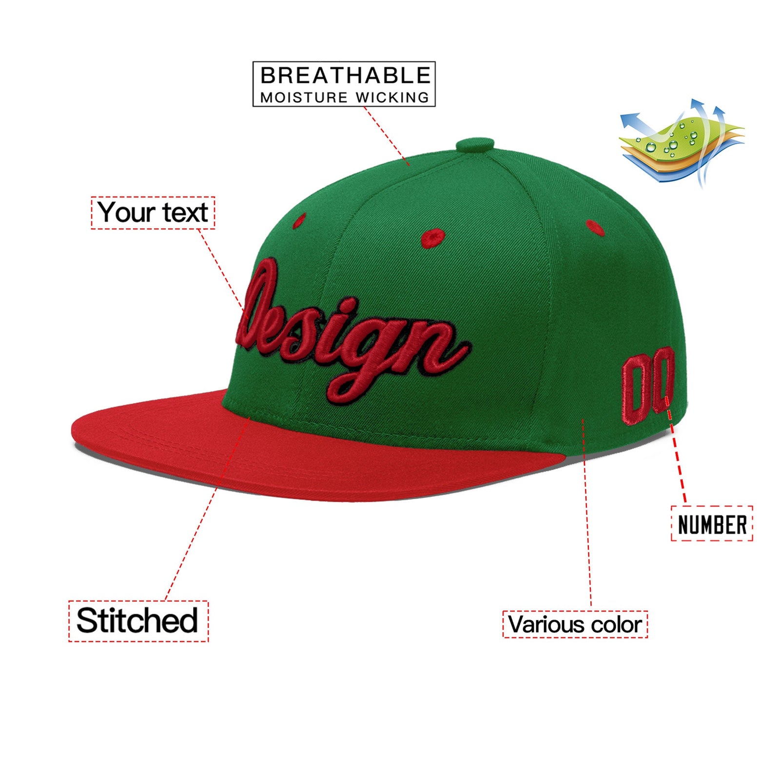 Custom Kelly Green Red 3D Puff Embroidery Flat Embroidery Casual Sport Baseball Cap
