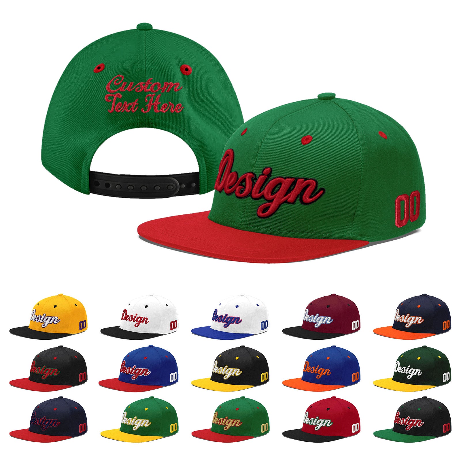 Custom Kelly Green Red 3D Puff Embroidery Flat Embroidery Casual Sport Baseball Cap
