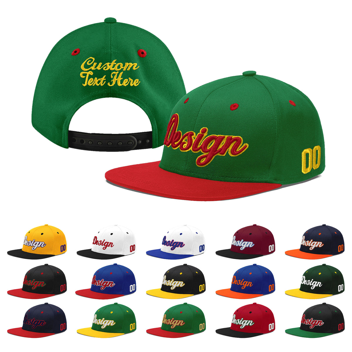 Custom Kelly Green Red 3D Puff Embroidery Flat Embroidery Casual Sport Baseball Cap