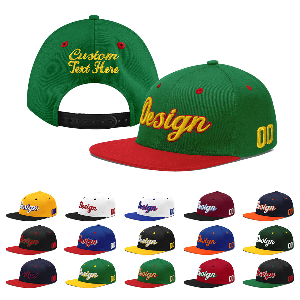 Custom Kelly Green Red 3D Puff Embroidery Flat Embroidery Casual Sport Baseball Cap