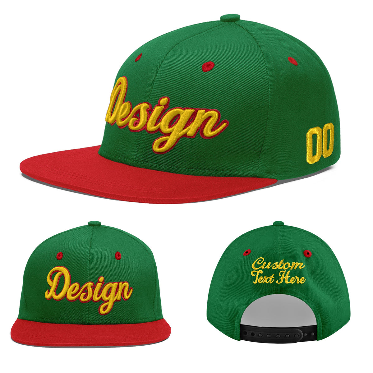 Custom Kelly Green Red 3D Puff Embroidery Flat Embroidery Casual Sport Baseball Cap