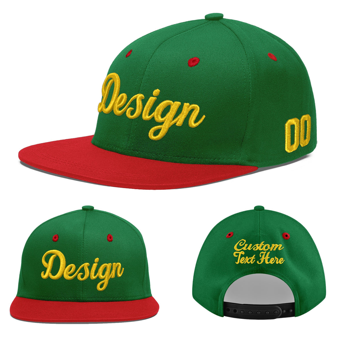 Custom Kelly Green Red 3D Puff Embroidery Flat Embroidery Casual Sport Baseball Cap