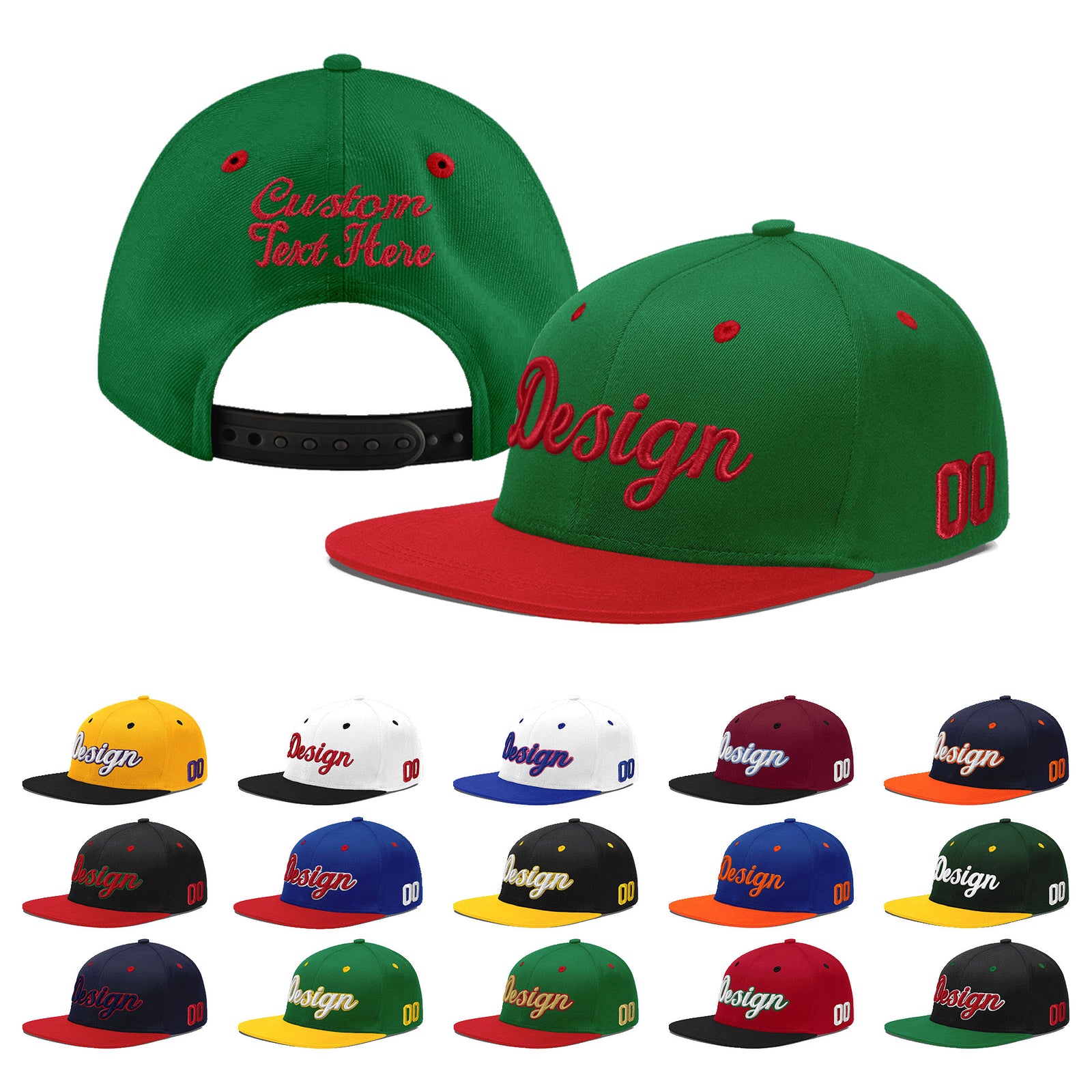 Custom Kelly Green Red 3D Puff Embroidery Flat Embroidery Casual Sport Baseball Cap