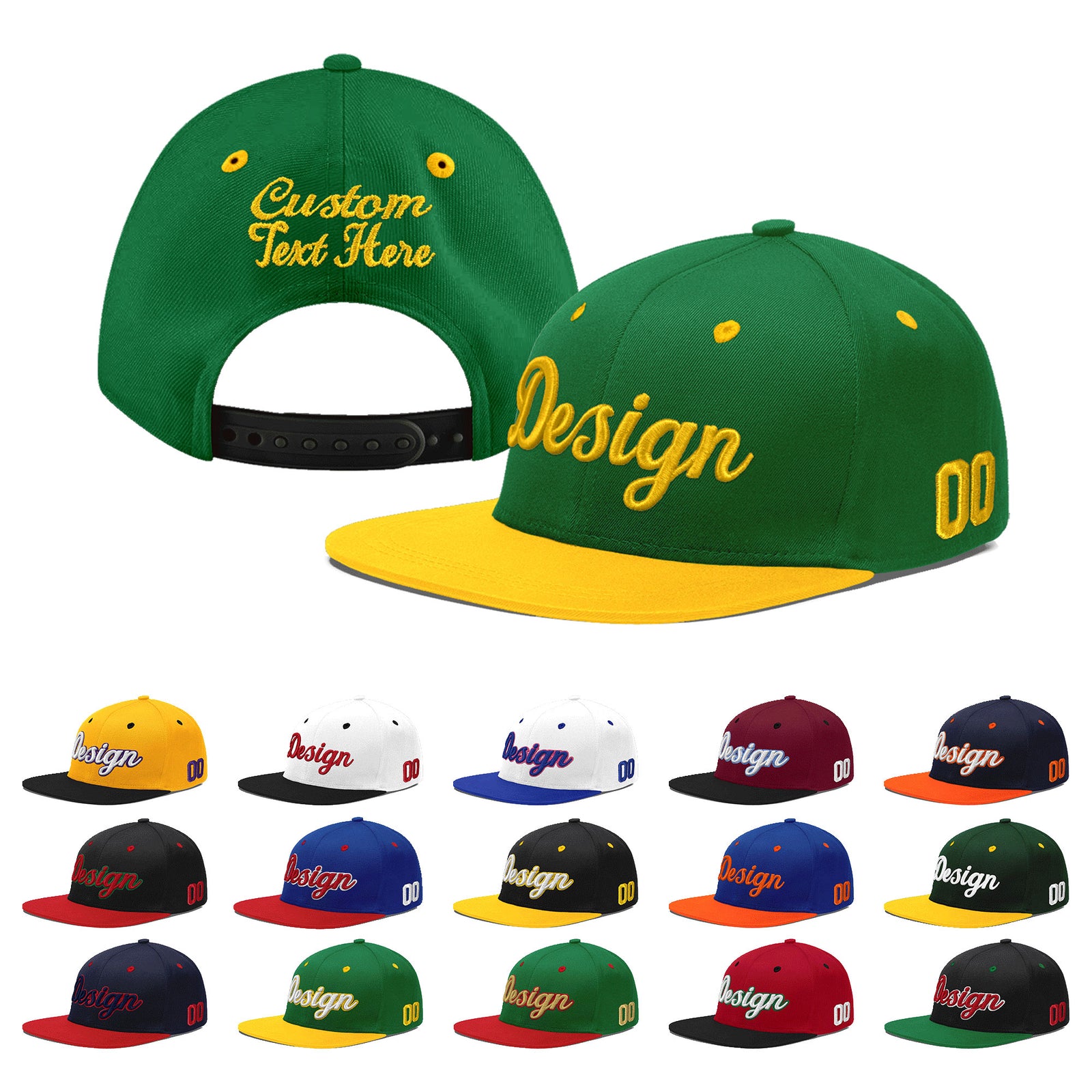 Custom Kelly Green Gold 3D Puff Embroidery Flat Embroidery Casual Sport Baseball Cap