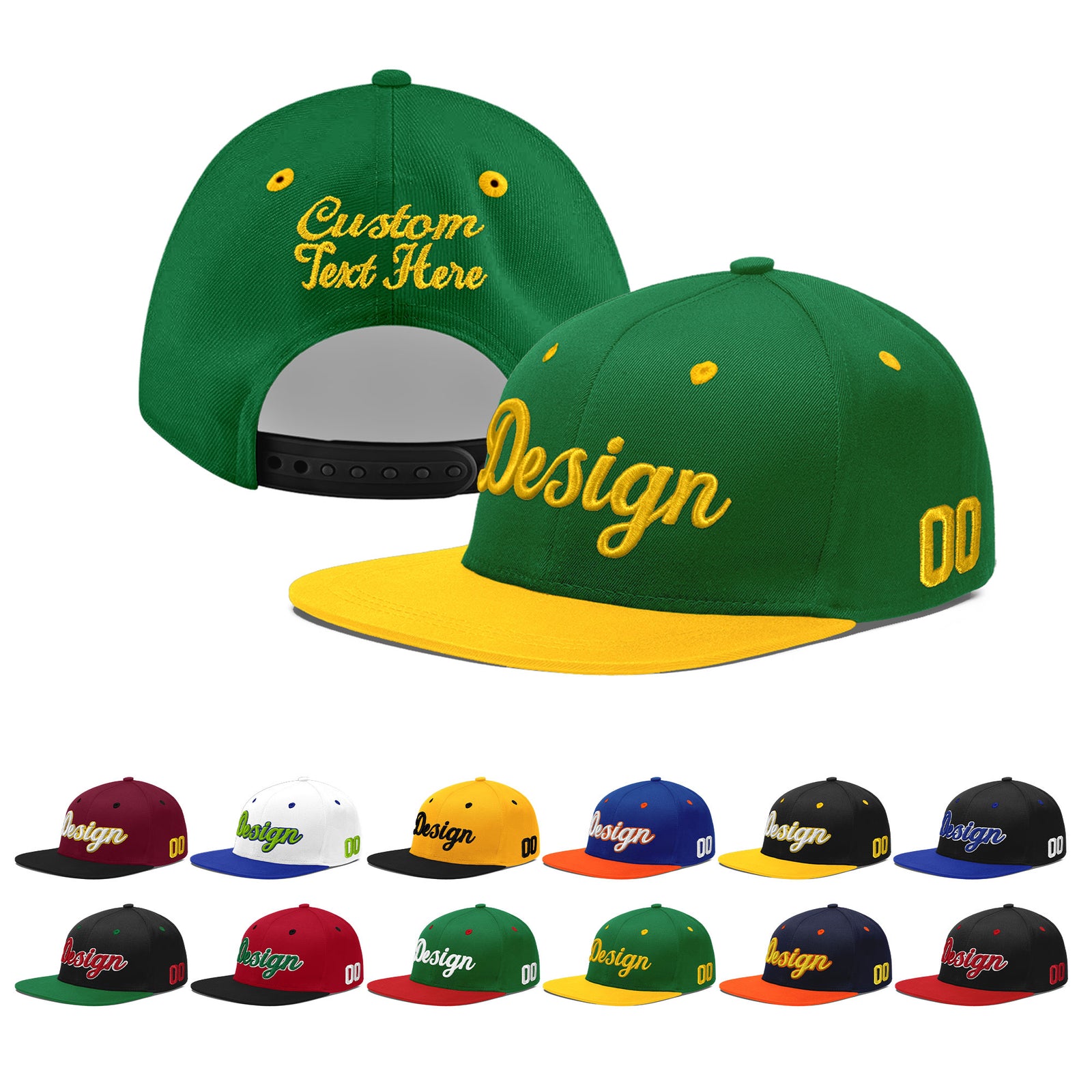 Custom Kelly Green Gold 3D Puff Embroidery Flat Embroidery Casual Sport Baseball Cap