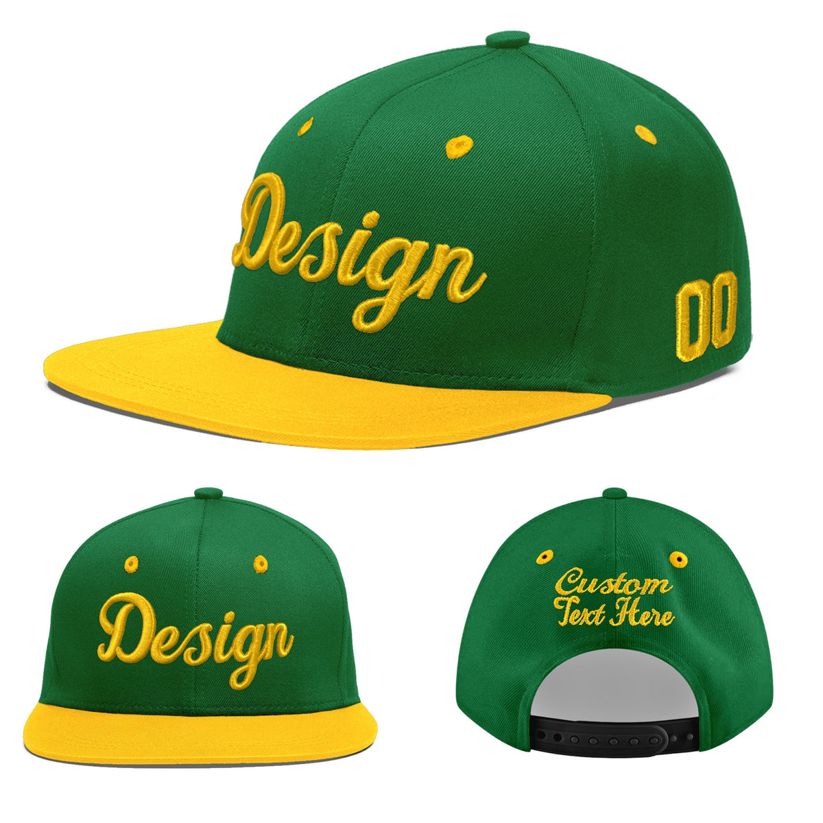 Custom Kelly Green Gold 3D Puff Embroidery Flat Embroidery Casual Sport Baseball Cap