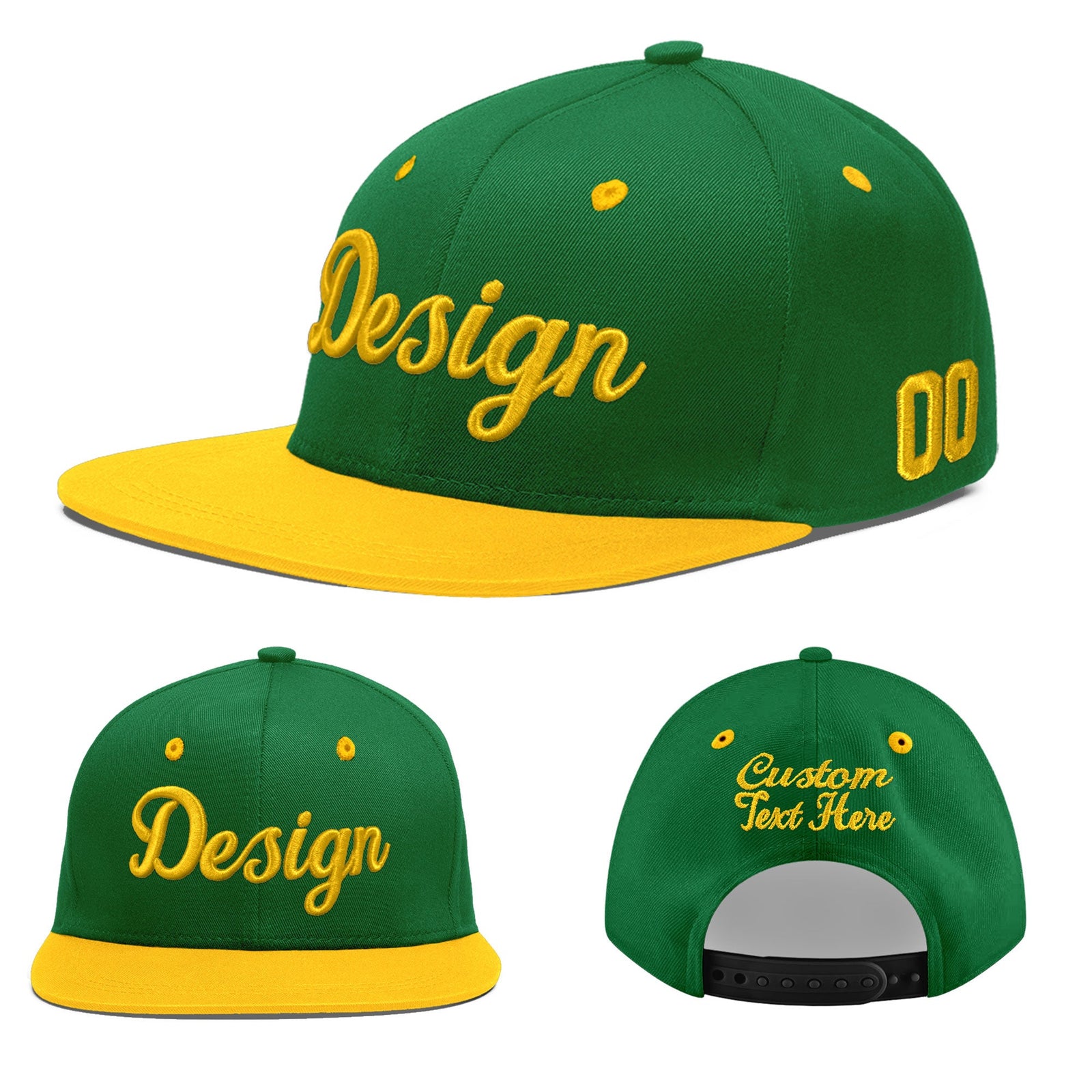 Custom Kelly Green Gold 3D Puff Embroidery Flat Embroidery Casual Sport Baseball Cap