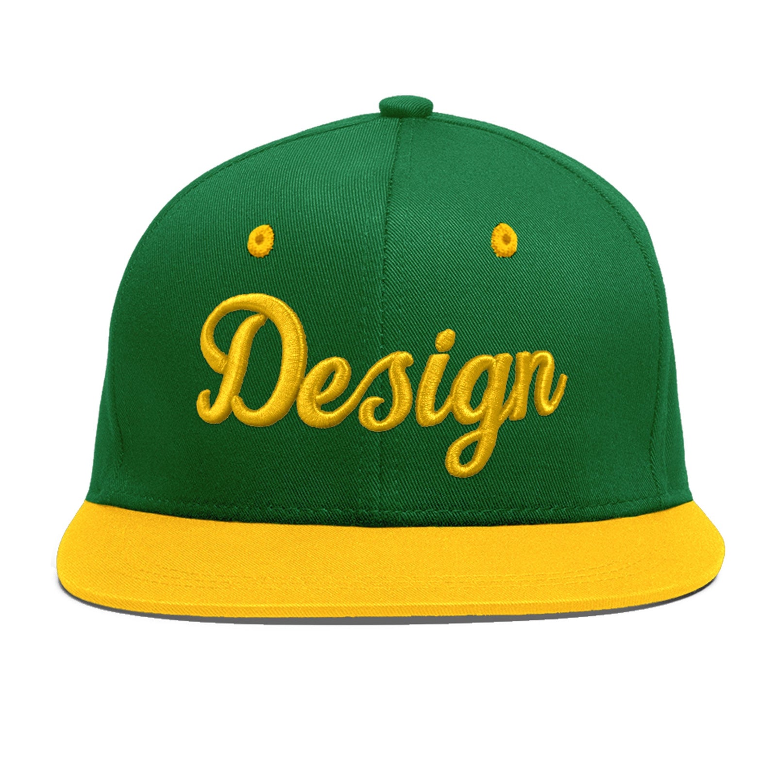 Custom Kelly Green Gold 3D Puff Embroidery Flat Embroidery Casual Sport Baseball Cap