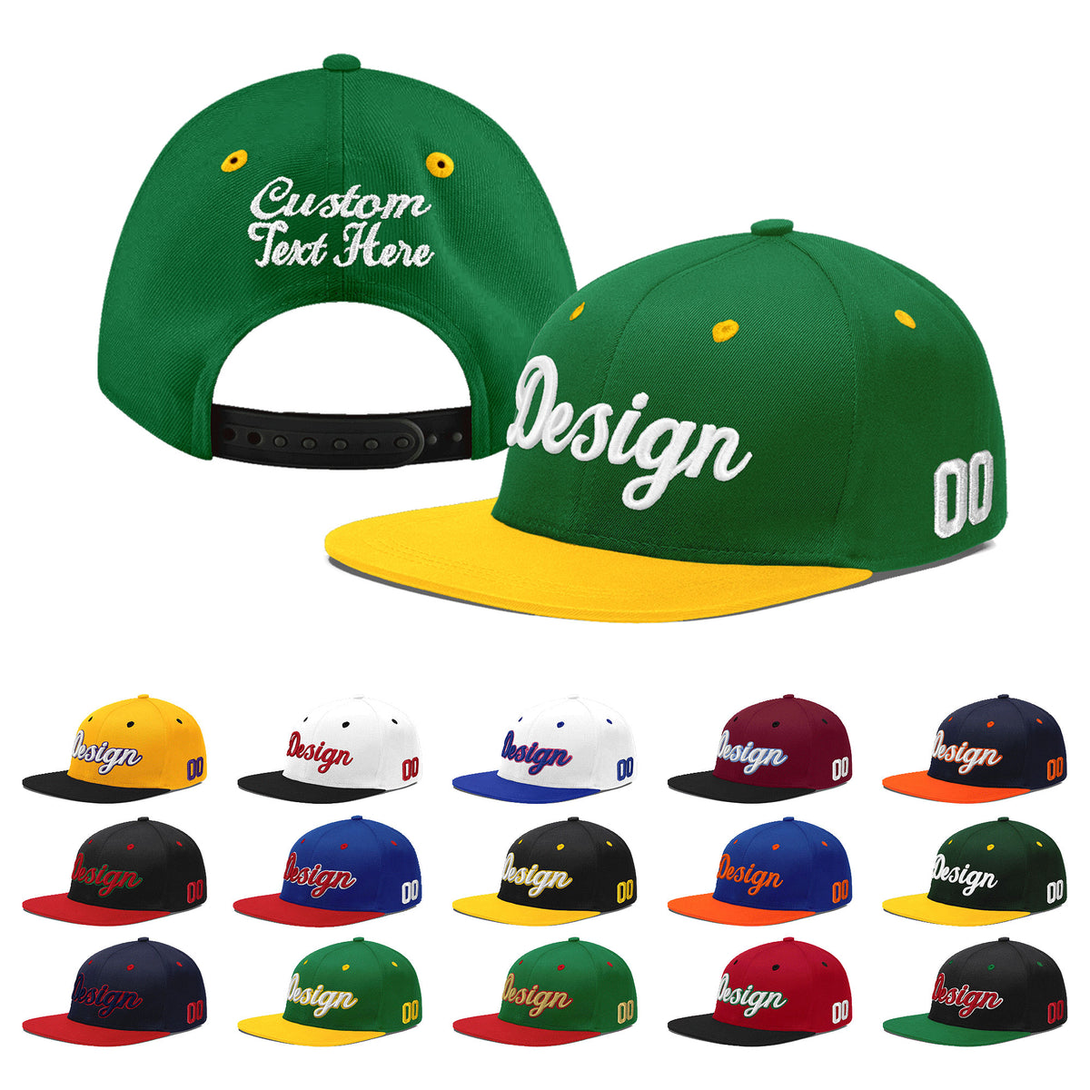 Custom Kelly Green Gold 3D Puff Embroidery Flat Embroidery Casual Sport Baseball Cap