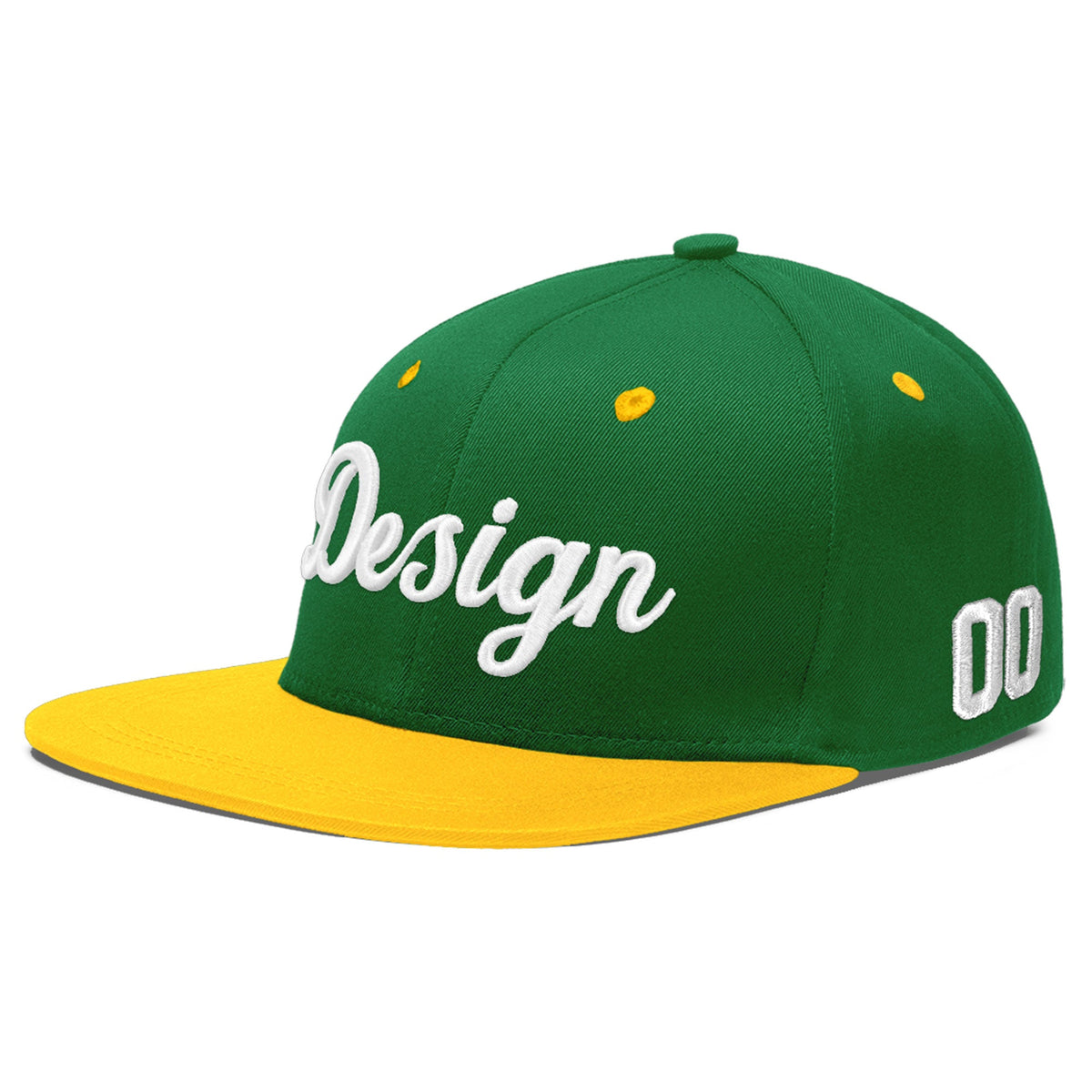 Custom Kelly Green Gold 3D Puff Embroidery Flat Embroidery Casual Sport Baseball Cap