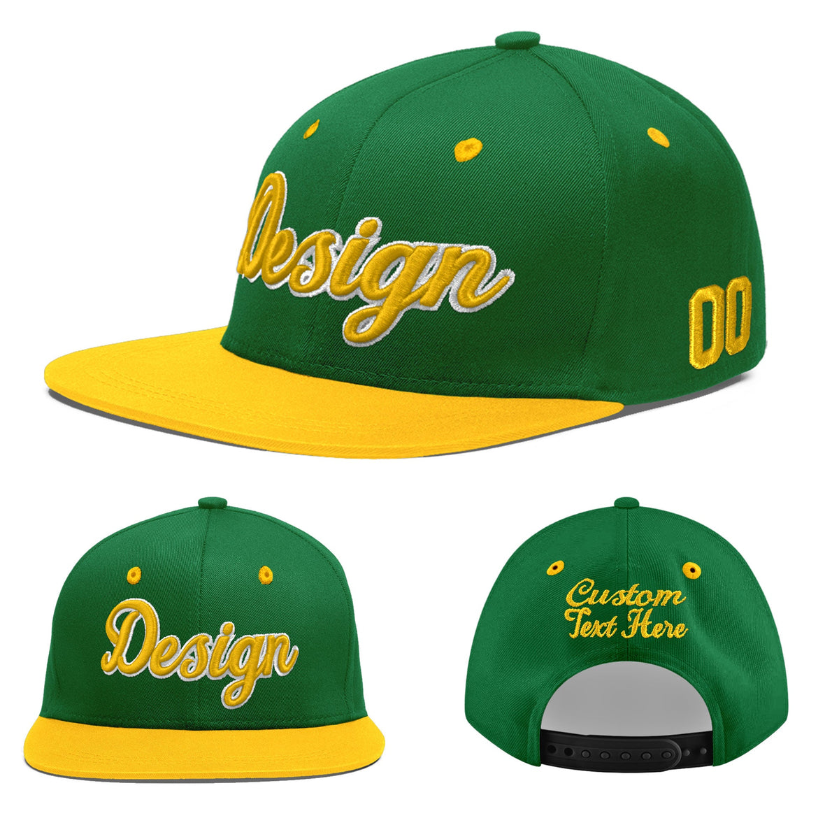 Custom Kelly Green Gold 3D Puff Embroidery Flat Embroidery Casual Sport Baseball Cap