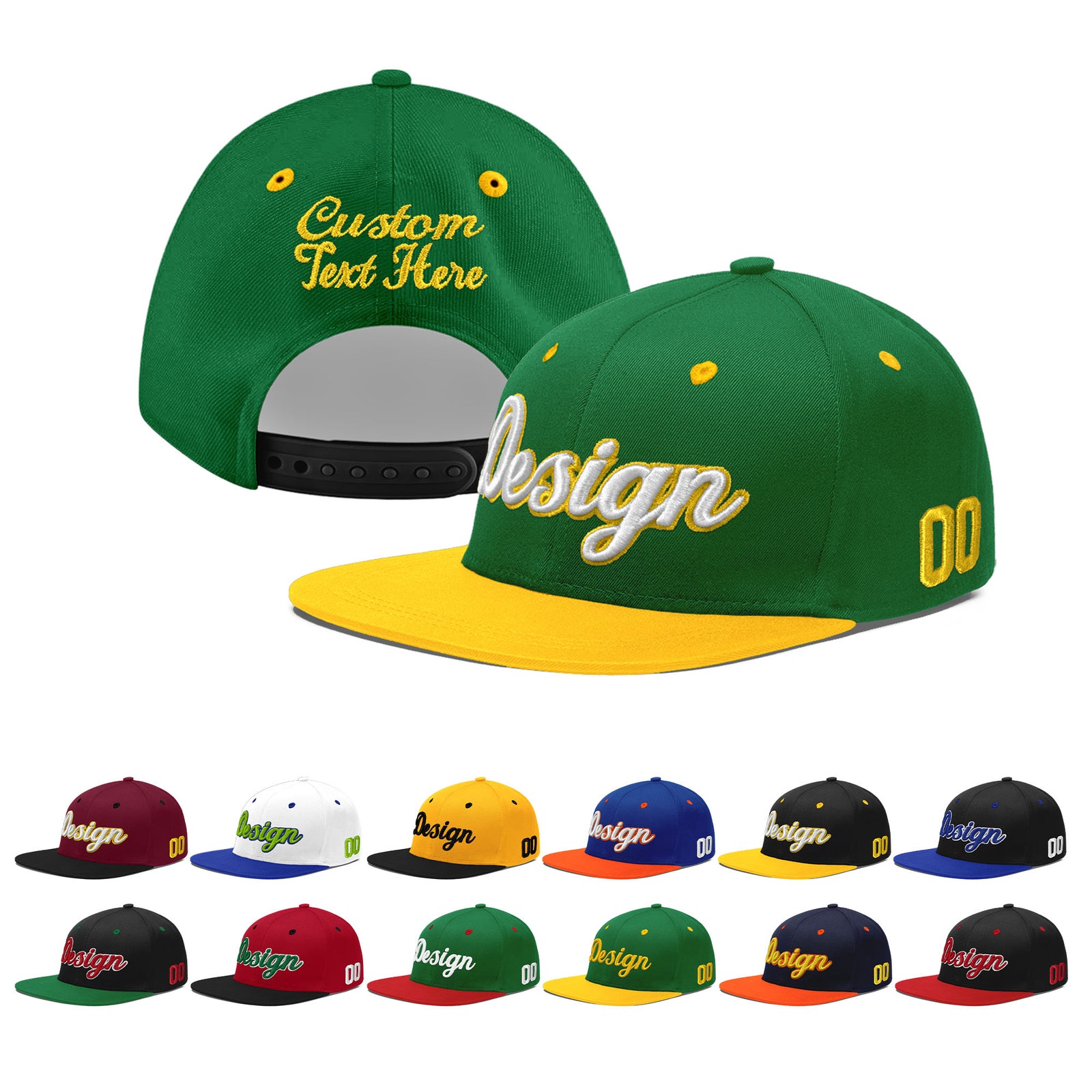Custom Kelly Green Gold 3D Puff Embroidery Flat Embroidery Casual Sport Baseball Cap