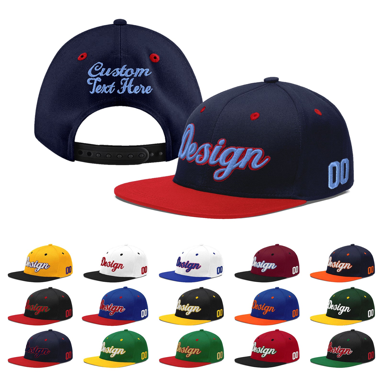 Custom Navy Red 3D Puff Embroidery Flat Embroidery Casual Sport Baseball Cap