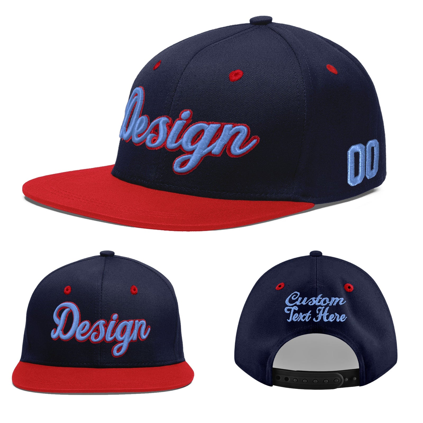 Custom Navy Red 3D Puff Embroidery Flat Embroidery Casual Sport Baseball Cap