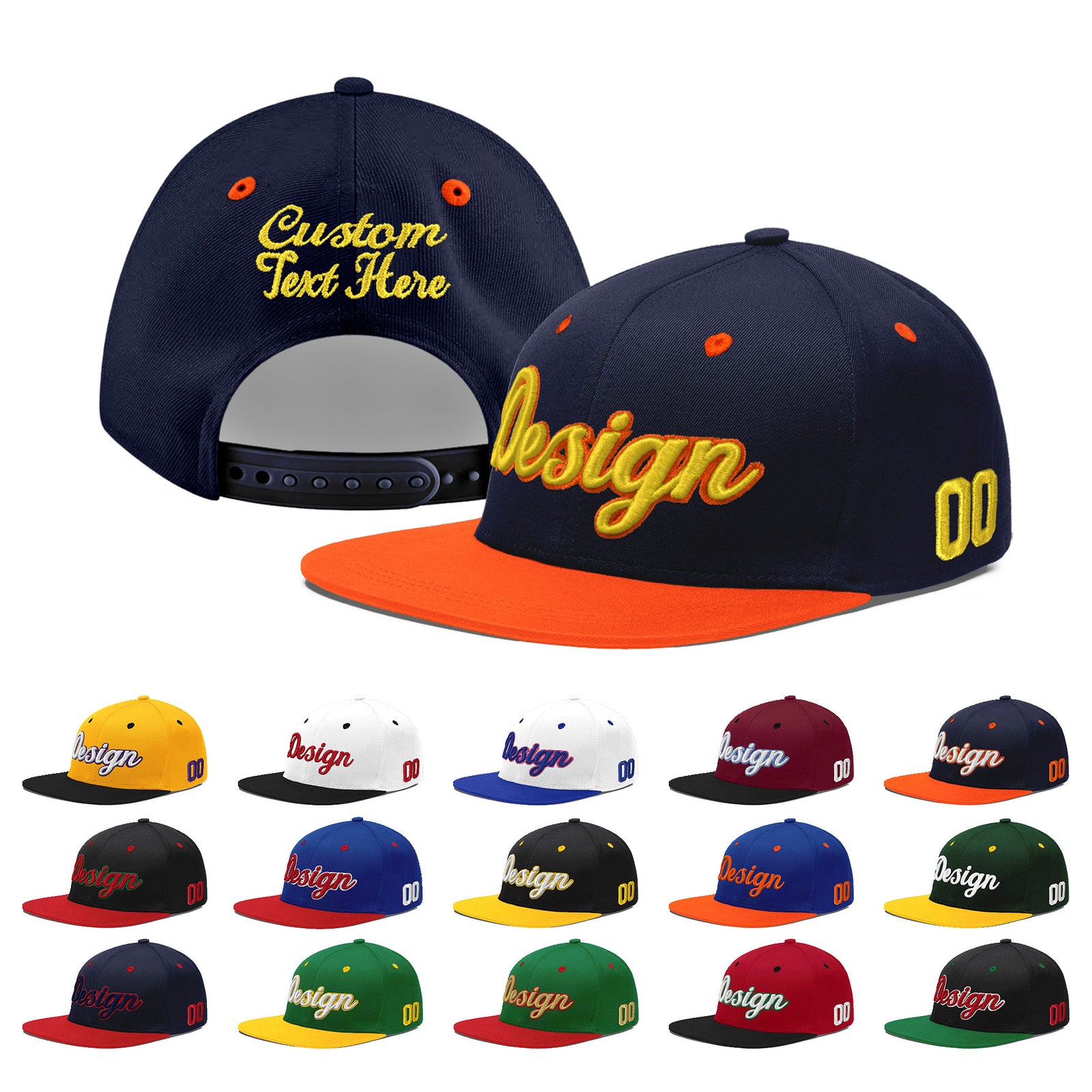 Custom Navy Orange 3D Puff Embroidery Flat Embroidery Casual Sport Baseball Cap