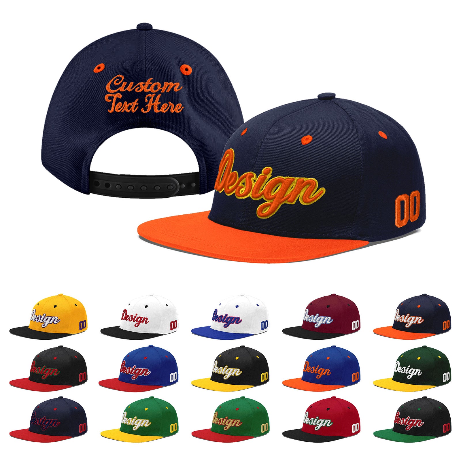 Custom Navy Orange 3D Puff Embroidery Flat Embroidery Casual Sport Baseball Cap