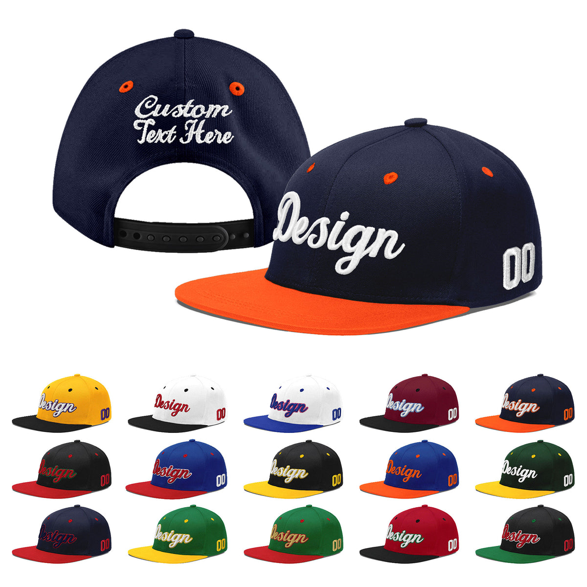 Custom Navy Orange 3D Puff Embroidery Flat Embroidery Casual Sport Baseball Cap