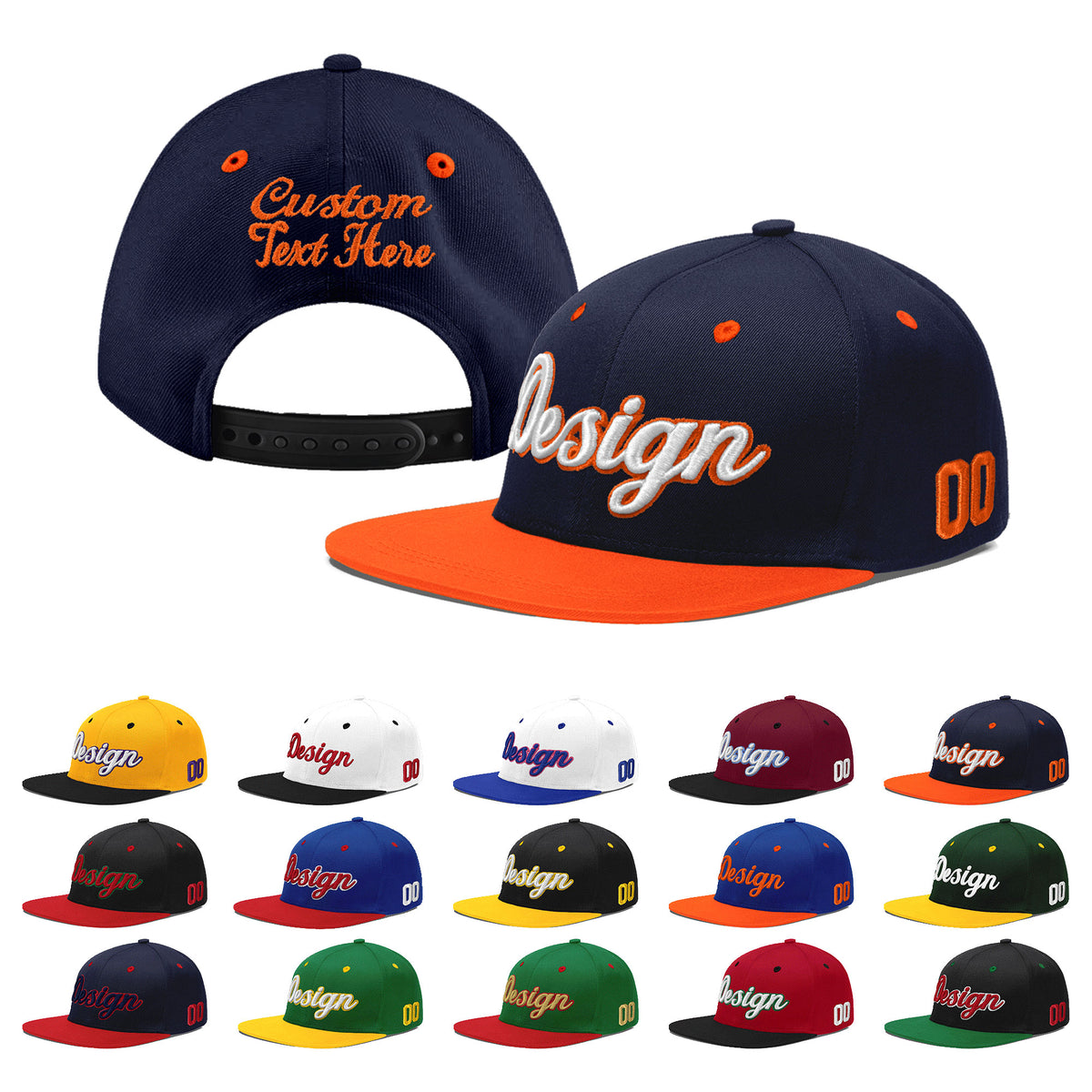 Custom Navy Orange 3D Puff Embroidery Flat Embroidery Casual Sport Baseball Cap