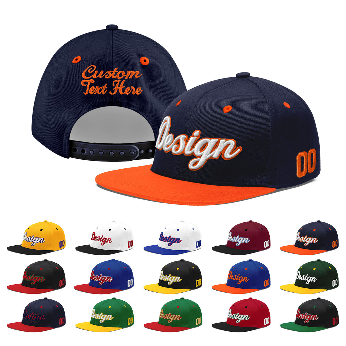 Custom Navy Orange 3D Puff Embroidery Flat Embroidery Casual Sport Baseball Cap