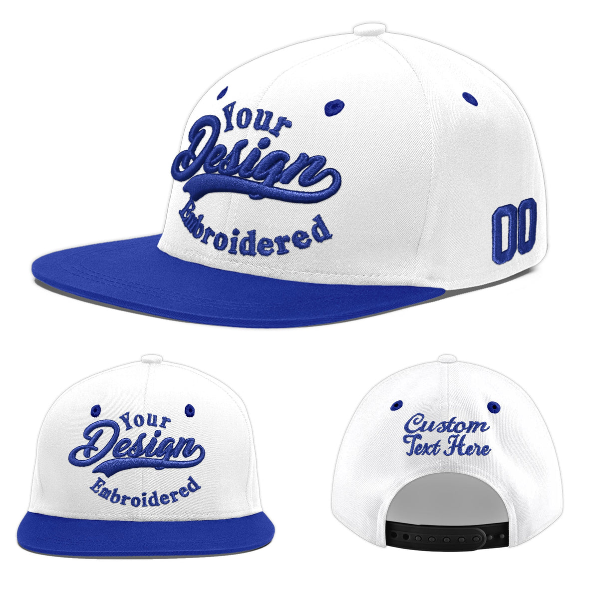 Custom White Royal Blue 3D Puff Embroidery Flat Embroidery Casual Sport Baseball Cap
