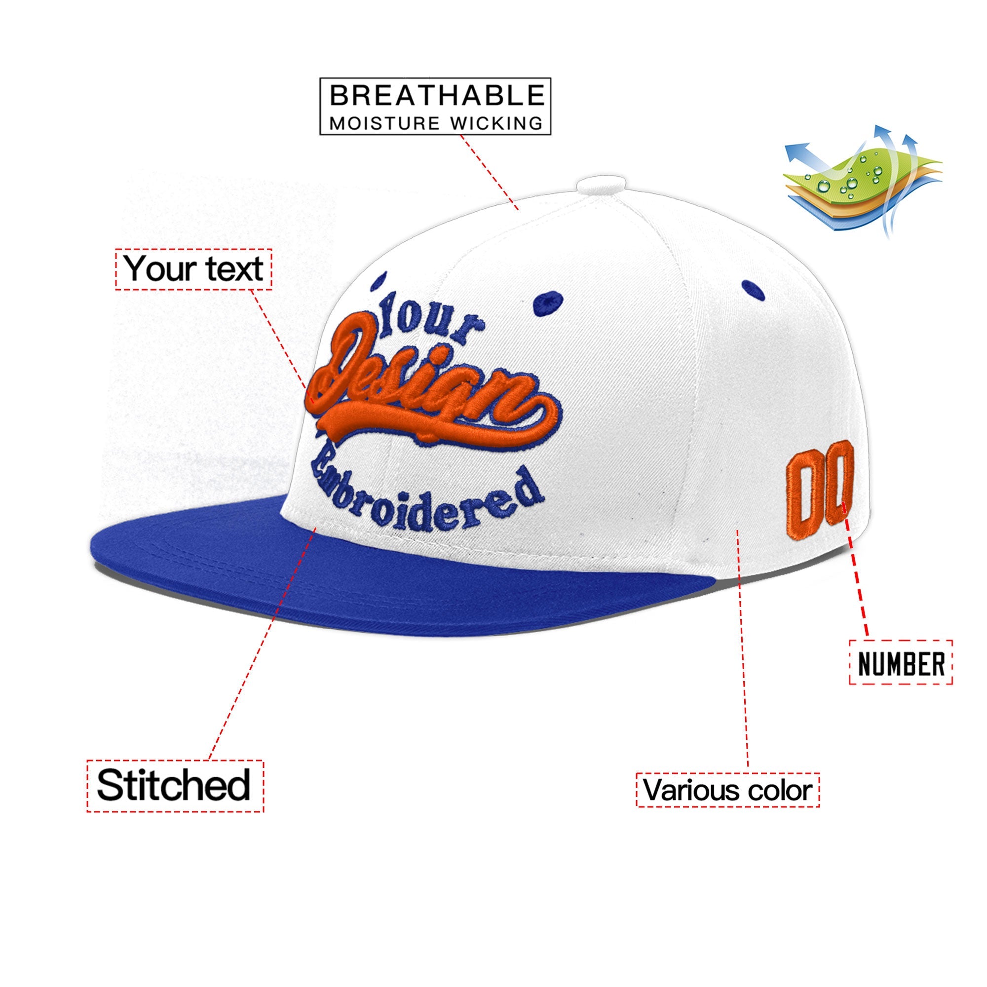 Custom White Royal Blue 3D Puff Embroidery Flat Embroidery Casual Sport Baseball Cap
