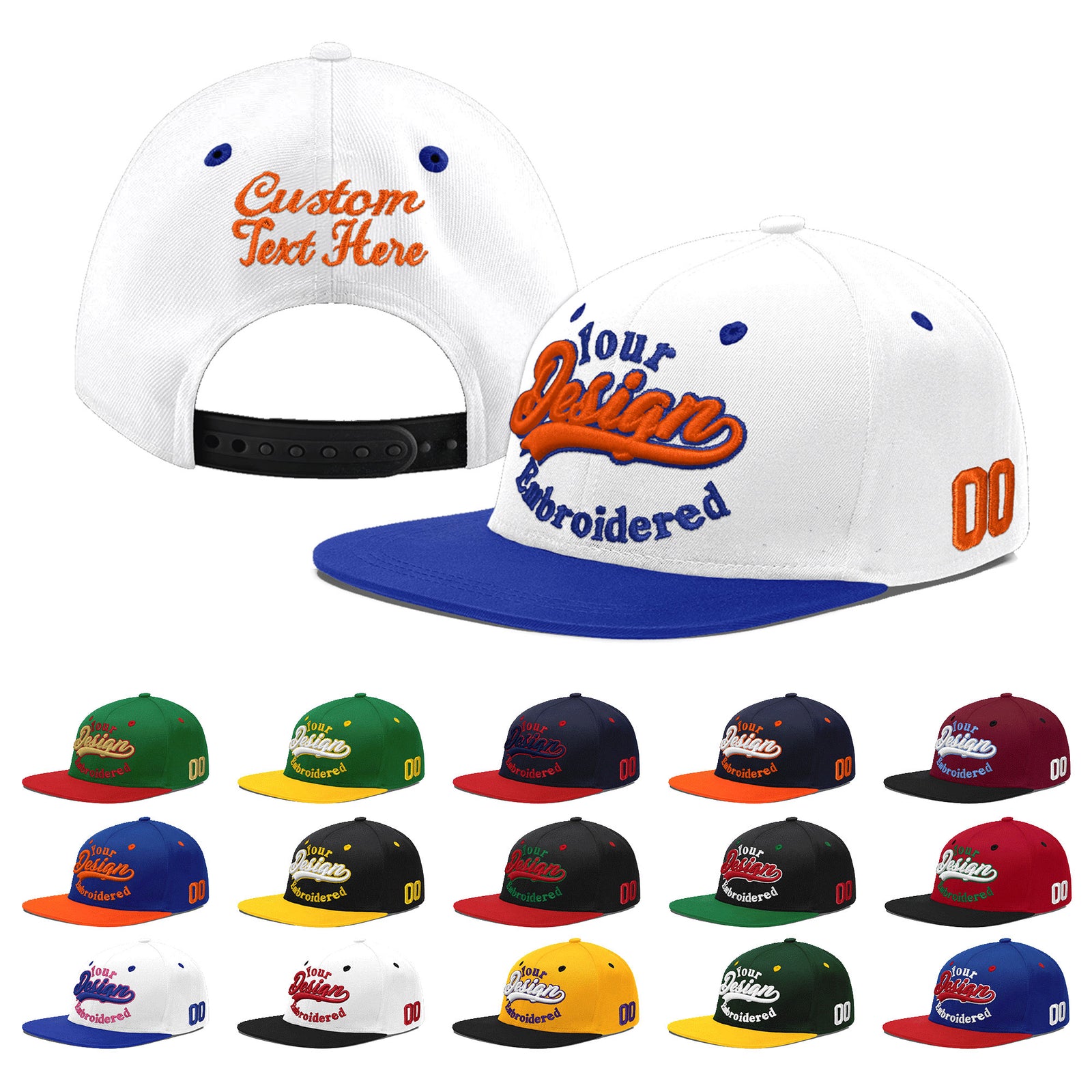 Custom White Royal Blue 3D Puff Embroidery Flat Embroidery Casual Sport Baseball Cap
