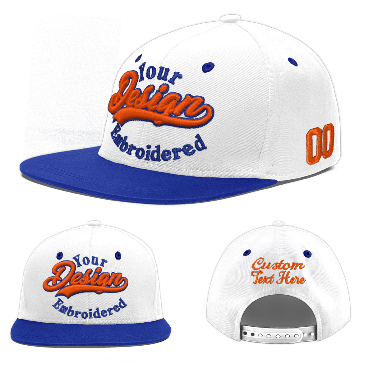 Custom White Royal Blue 3D Puff Embroidery Flat Embroidery Casual Sport Baseball Cap