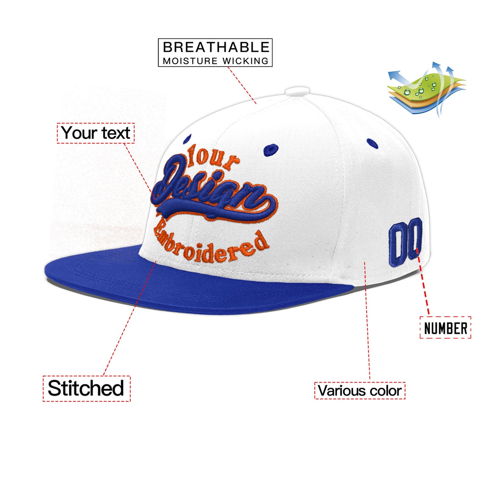 Custom White Royal Blue 3D Puff Embroidery Flat Embroidery Casual Sport Baseball Cap