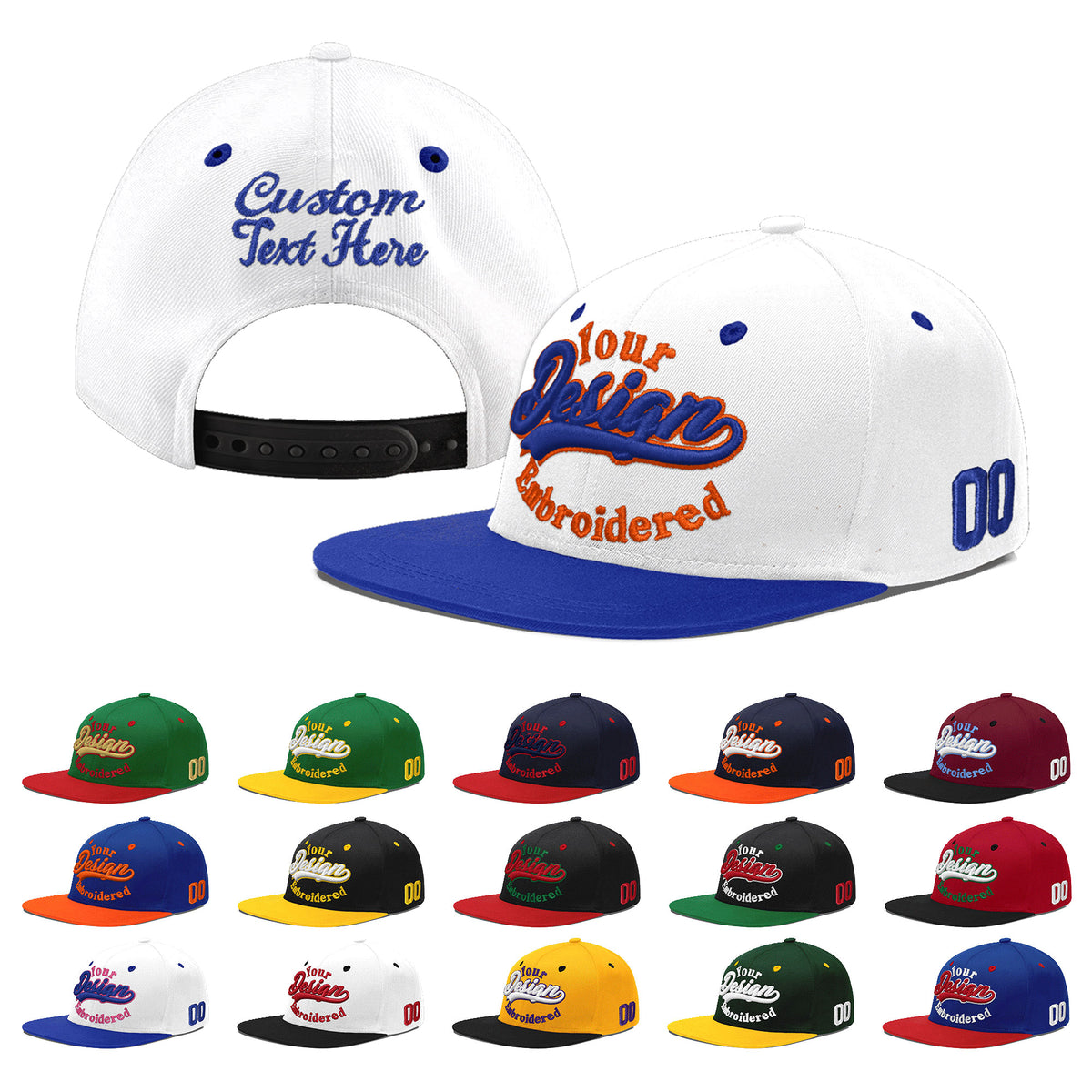 Custom White Royal Blue 3D Puff Embroidery Flat Embroidery Casual Sport Baseball Cap