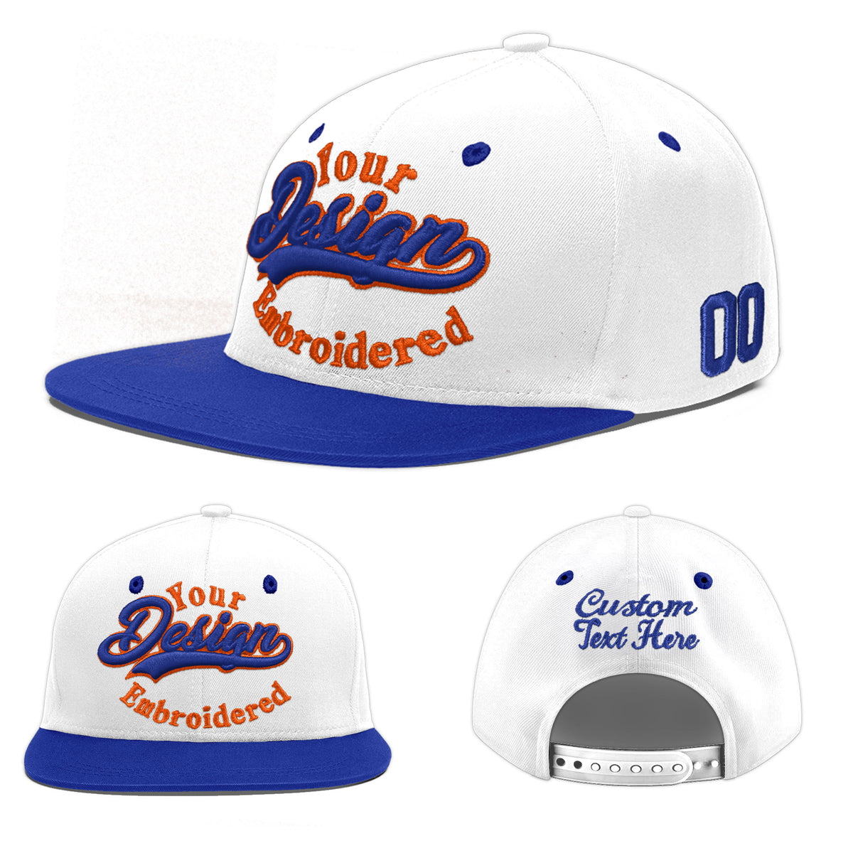 Custom White Royal Blue 3D Puff Embroidery Flat Embroidery Casual Sport Baseball Cap