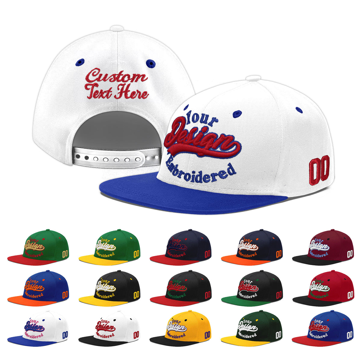 Custom White Royal Blue 3D Puff Embroidery Flat Embroidery Casual Sport Baseball Cap