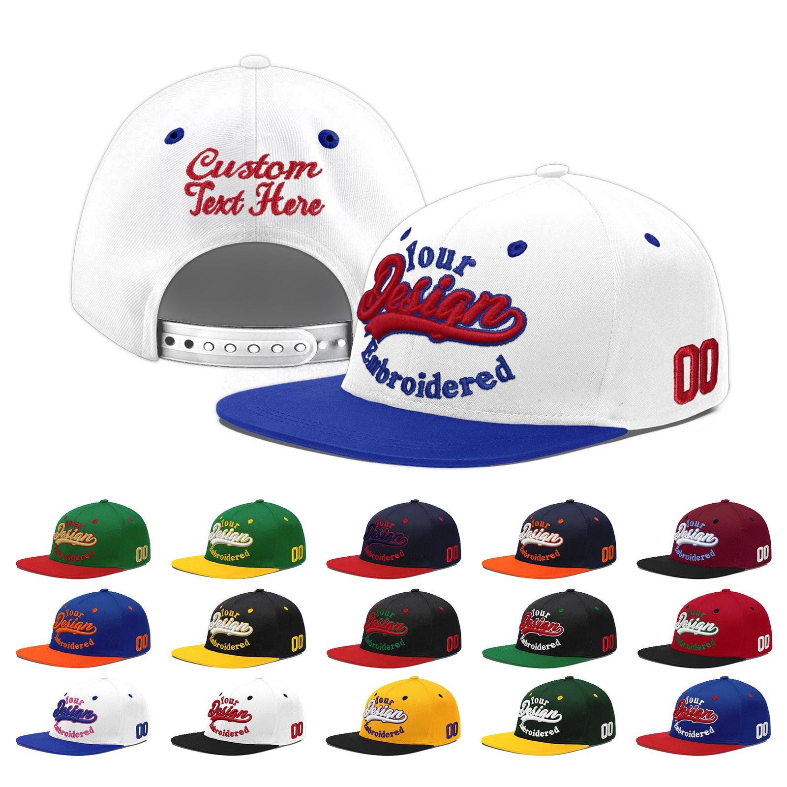 Custom White Royal Blue 3D Puff Embroidery Flat Embroidery Casual Sport Baseball Cap